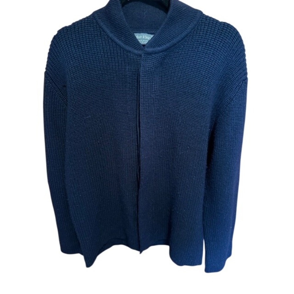 Vintage Calvin Klein Navy Blue 100% Worsted Virgin Wool Mock Neck Cardigan S